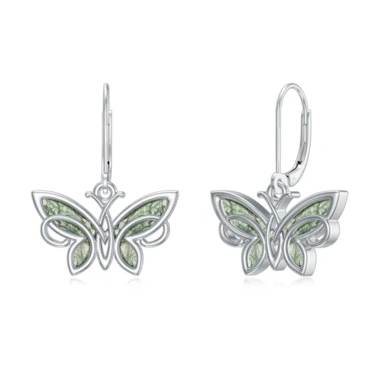 Sterling Silver Moss Agate Butterfly Drop Earrings