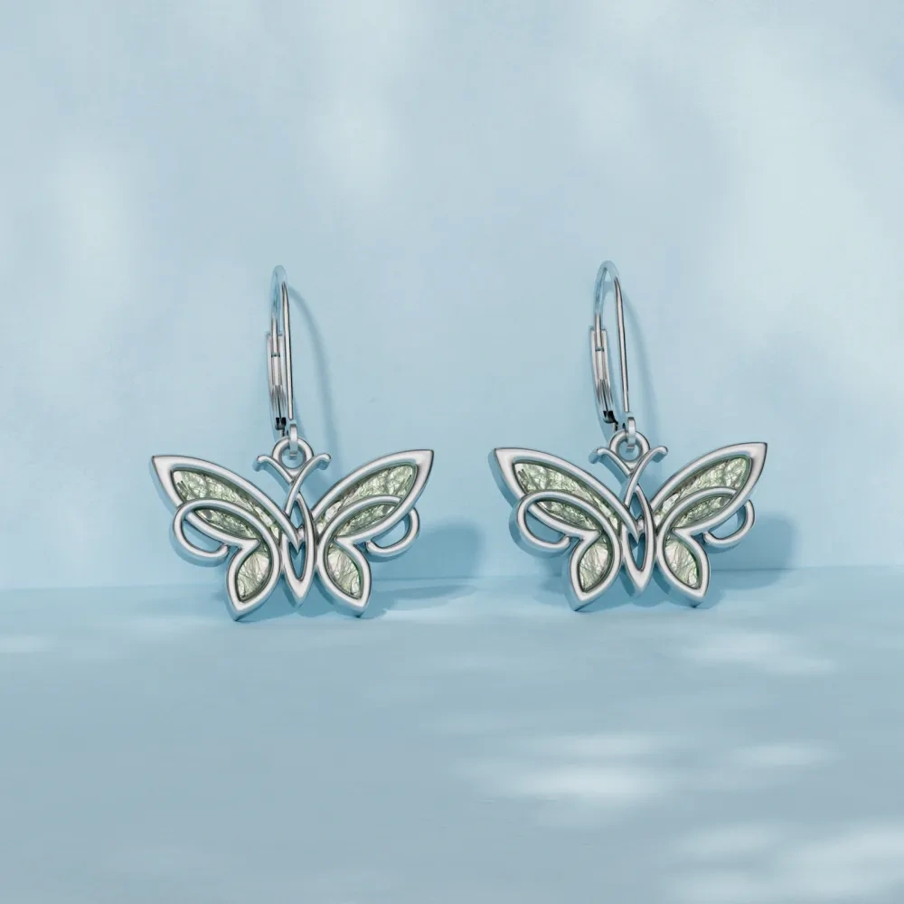 Sterling Silver Moss Agate Butterfly Drop Earrings-3