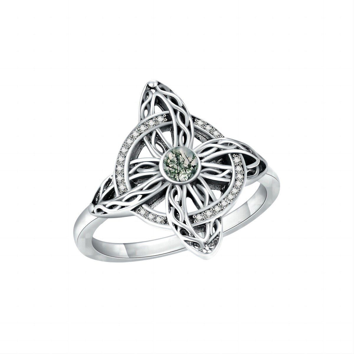 Sterling Silver Cubic Zirconia & Moss Agate Celtic Knot Ring-1