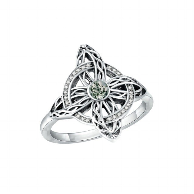 Sterling Silver Cubic Zirconia & Moss Agate Celtic Knot Ring-2