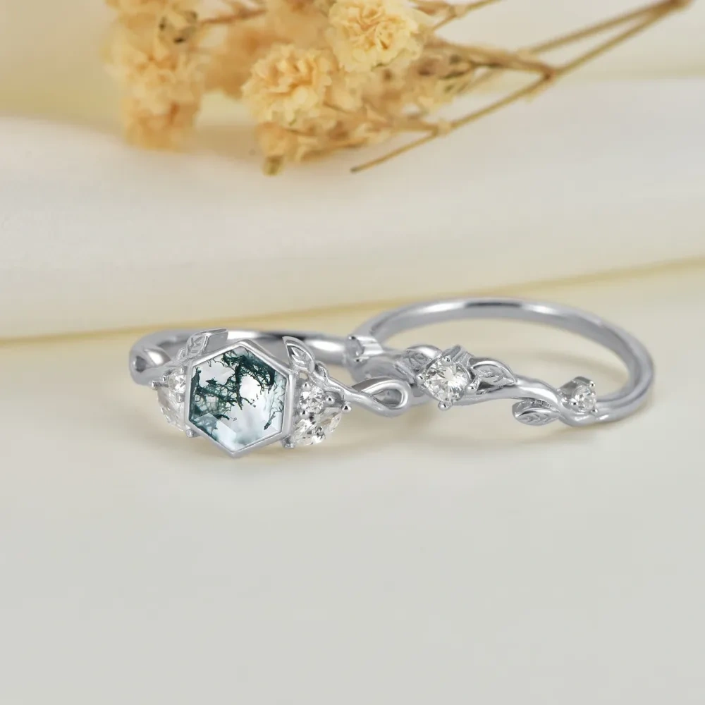 Sterling Silver Moss Agate Circle Engagement Ring-4