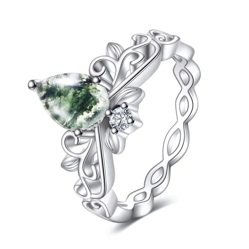 Anel de noivado de prata esterlina com círculo de ágata musgo-14