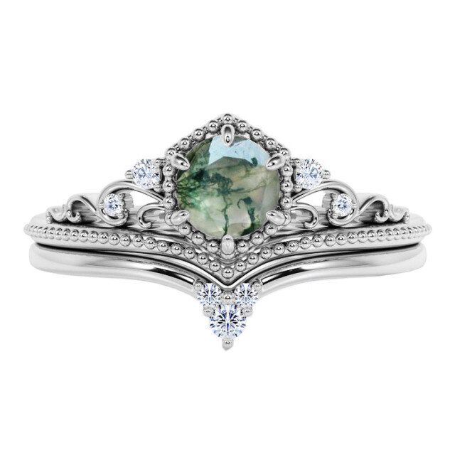 Sterling Silver Moss Agate Classic Name Engagement Ring