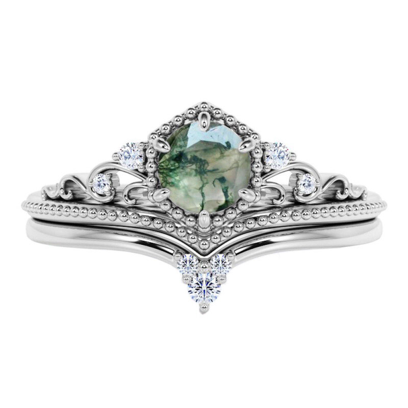 Sterling Silver Moss Agate Classic Name Engagement Ring-15