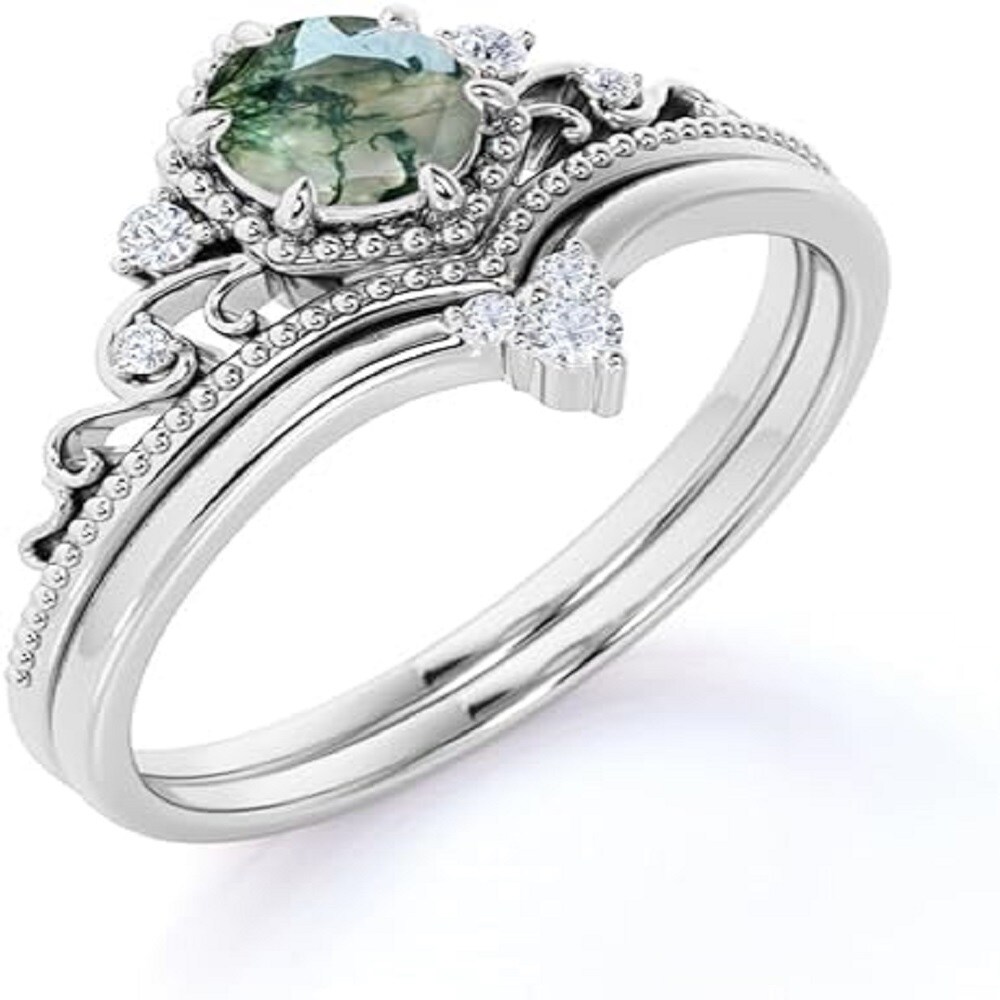 Sterling Silver Moss Agate Classic Name Engagement Ring-3