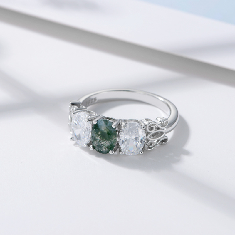 Sterling Silver Moss Agate Couple Engagement Ring-5