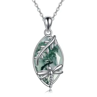 Sterling Silver Moss Agate Dragonfly Pendant Necklace-19