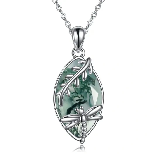 Sterling Silver Moss Agate Dragonfly Pendant Necklace