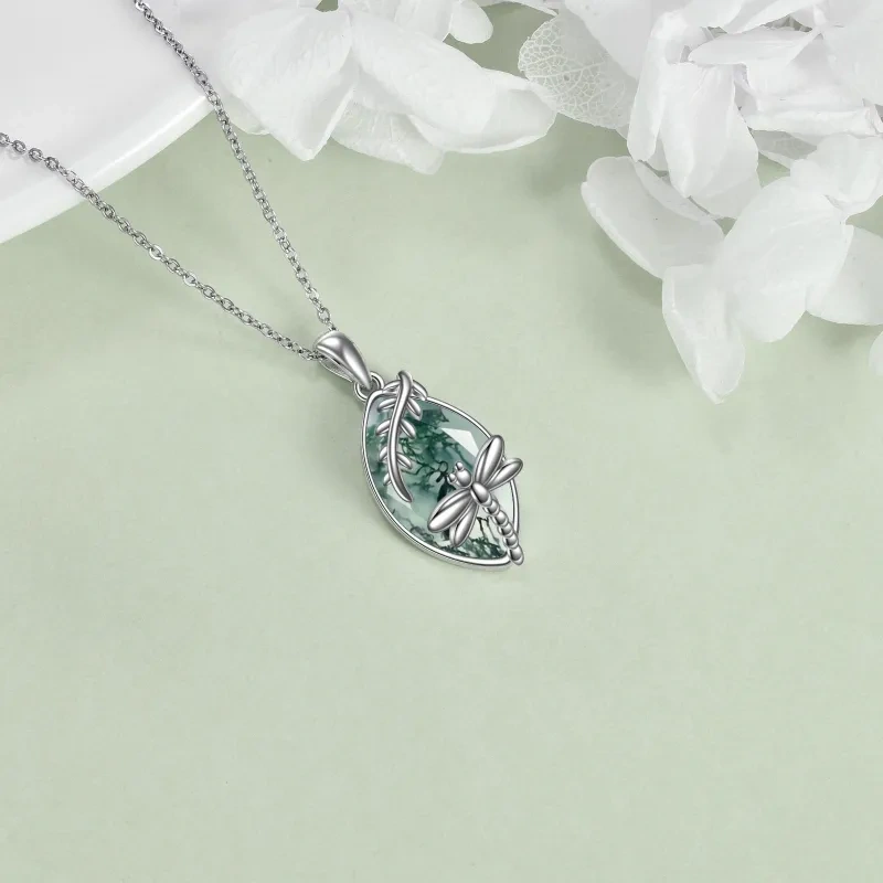 Collier pendentif libellule en agate mousse en argent sterling-3