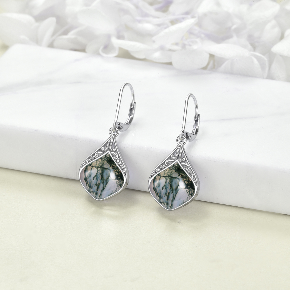 Sterling Silver Moss Agate Drop Earrings-3