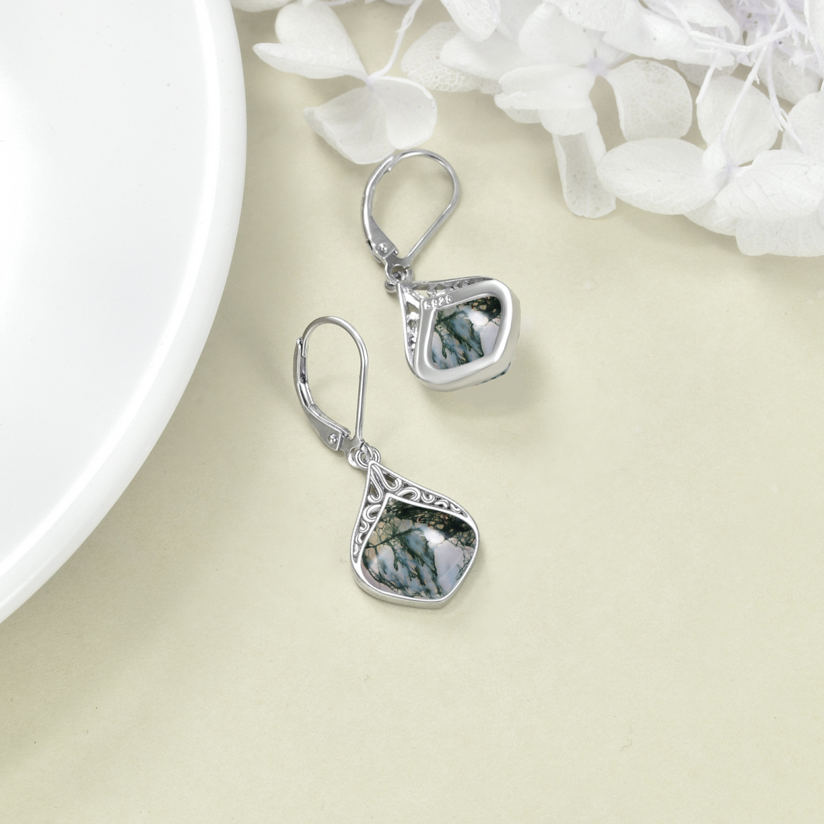 Pendants d'oreilles en argent sterling en agate mousse-4