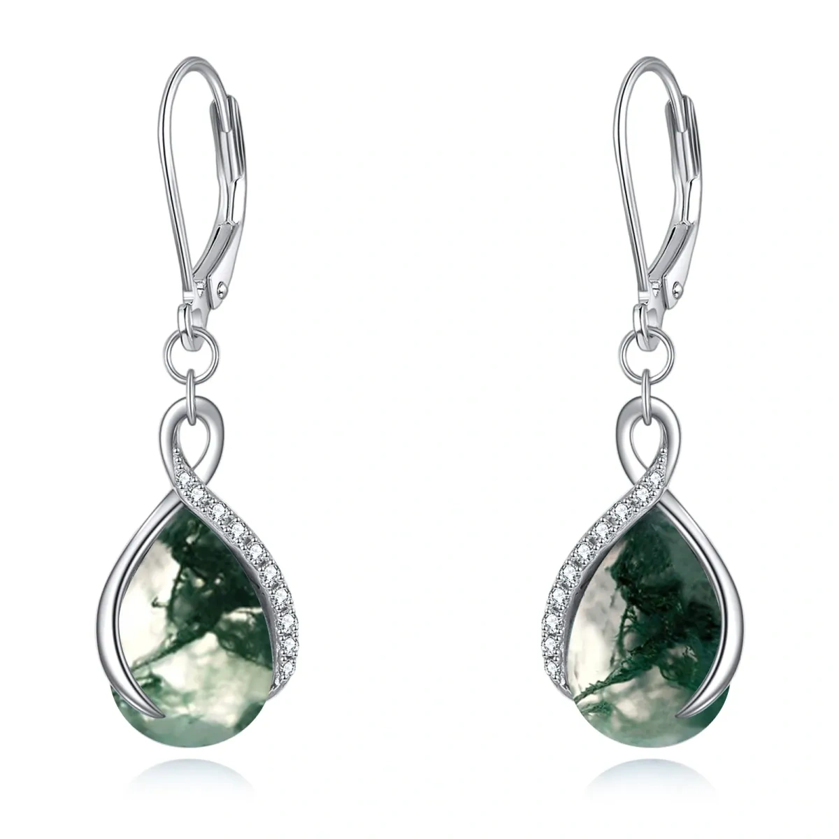 Sterling Silver Drop Moss Agate Drop Earrings For Women-1