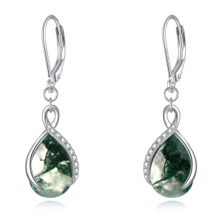 Sterling Silver Drop Moss Agate Drop Earrings For Women-11