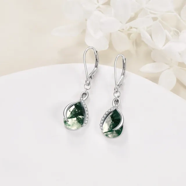 Sterling Silver Moss Agate Drop Shape Drop Earrings-3