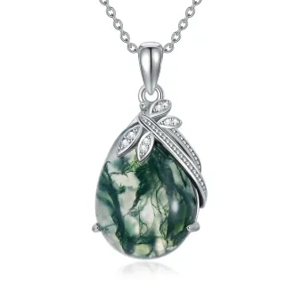 Sterling Silver Cubic Zirconia & Moss Agate Drop Shape Pendant Necklace-20