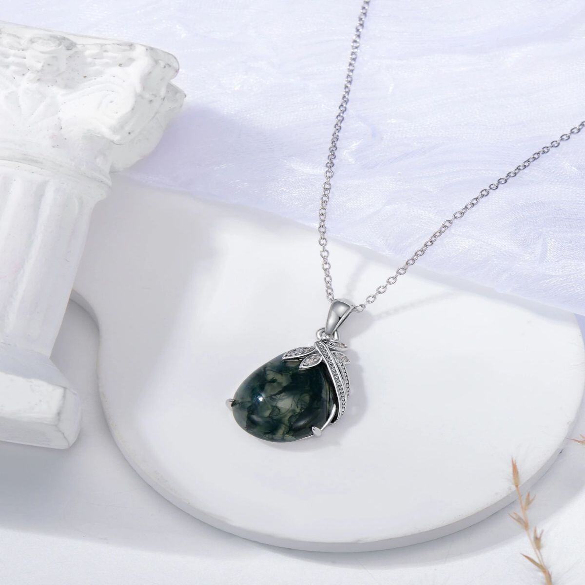 Sterling Silver Cubic Zirconia & Moss Agate Drop Shape Pendant Necklace-2