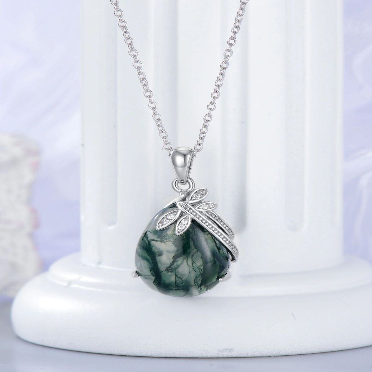 Sterling Silver Cubic Zirconia & Moss Agate Drop Shape Pendant Necklace-3