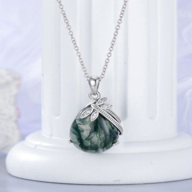 Sterling Silver Cubic Zirconia & Moss Agate Drop Shape Pendant Necklace-3