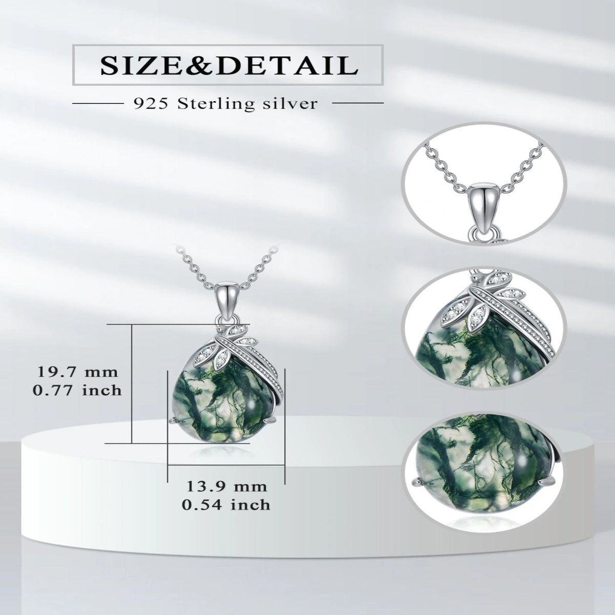 Sterling Silver Cubic Zirconia & Moss Agate Drop Shape Pendant Necklace-4