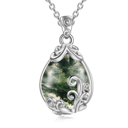 Sterling Silver Moss Agate Drop Shape Pendant Necklace