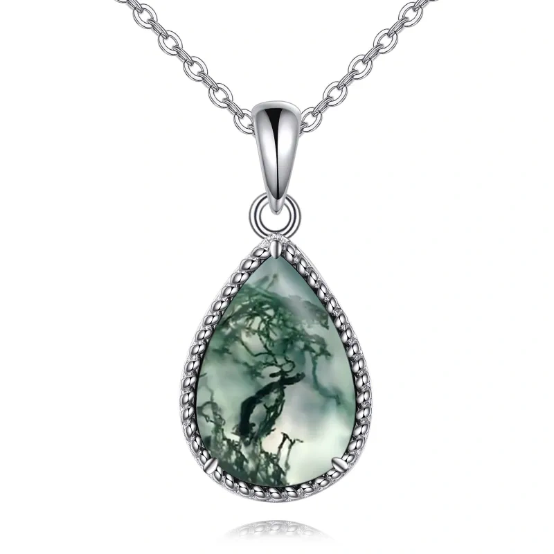 Sterling Silver Moss Agate Drop Shaped Pendant Necklace-4
