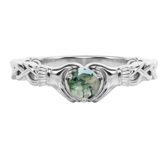 Sterling Silver Moss Agate Heart Engagement Ring-2