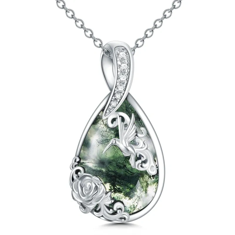 Collier avec pendentif en forme de goutte d'agate mousse et colibri en argent sterling pour femme