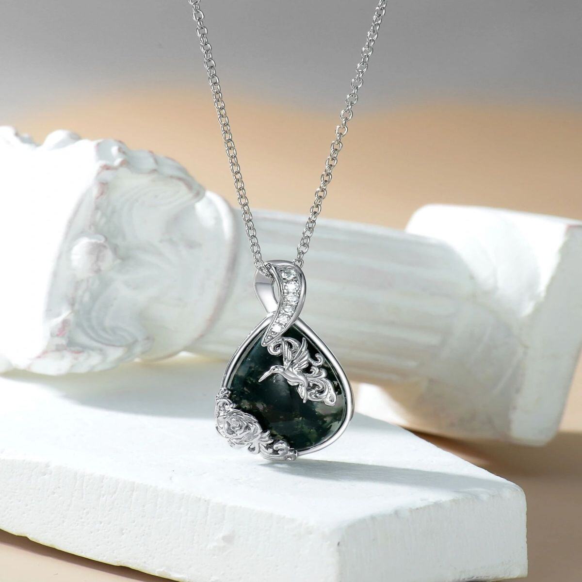 Sterling Silver Moss Agate Hummingbird Drop Pendant Necklace For Women-3