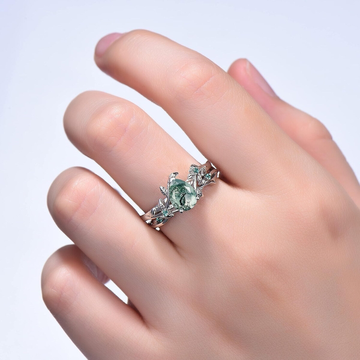 Sterling Silver Moss Agate with Ivy Branch Ring-2