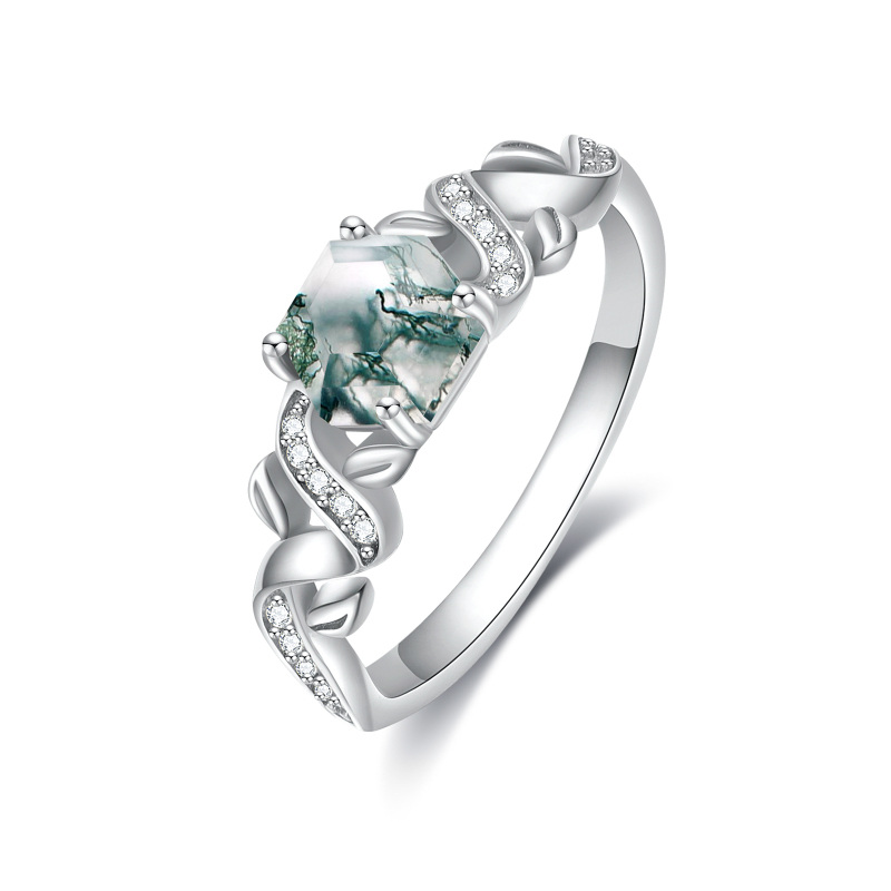 Sterling Silver Moss Agate Ivy Leaves Ring Engagement Ring For Women-14