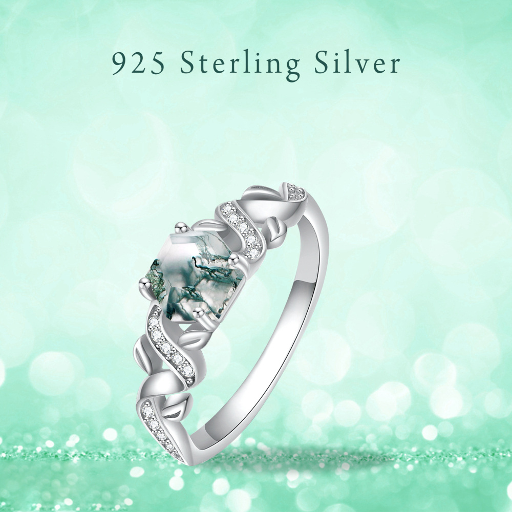 Sterling zilveren mos Agaat klimop bladeren ring verlovingsring voor vrouwen-8