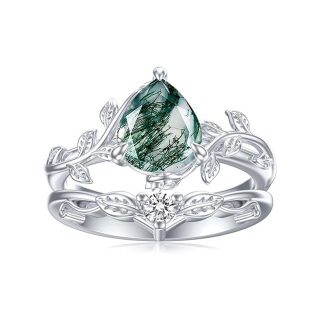 Sterling Silver Moss Agate Leaves & Drop Shape Ring-29