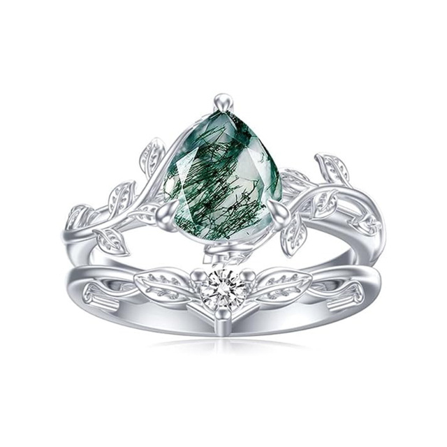 Sterling Silver Moss Agate Leaves & Drop Shape Ring-2