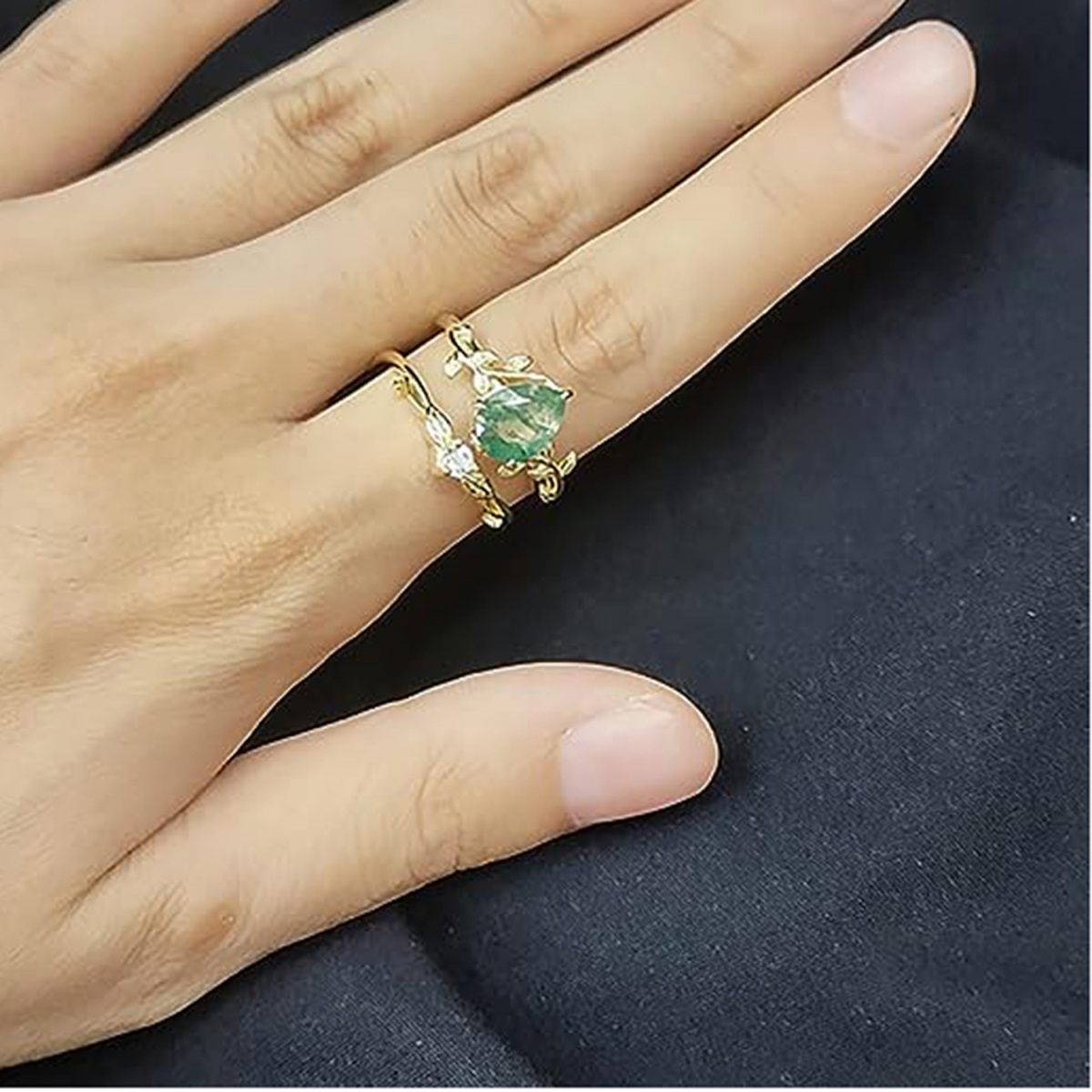 Sterling Silver Moss Agate Leaves & Drop Shape Ring-2