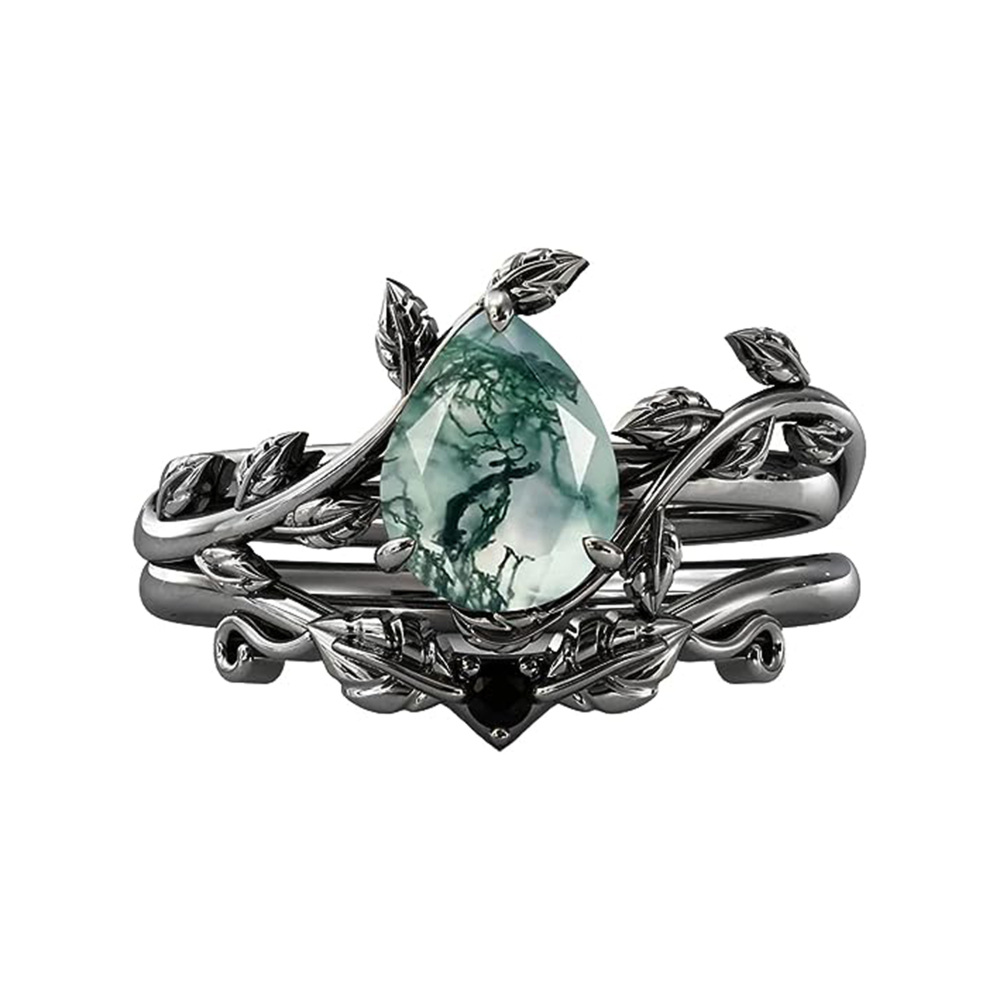 Bague en argent sterling en forme de feuilles et de gouttes en agate mousse-3