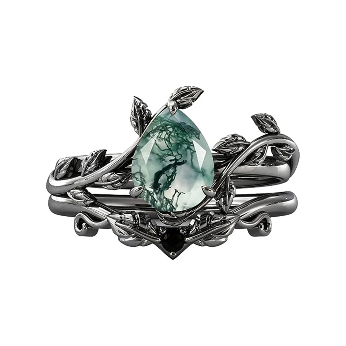 Sterling Silver Moss Agate Leaves & Drop Shape Ring-3