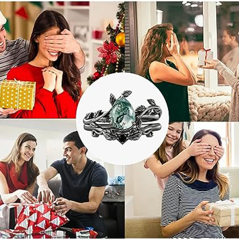 Anello in argento sterling di agata muschiata a forma di foglie e di goccia-4