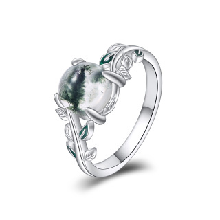 Sterling Silver Moss Agate Leaves Engagement Ring-3