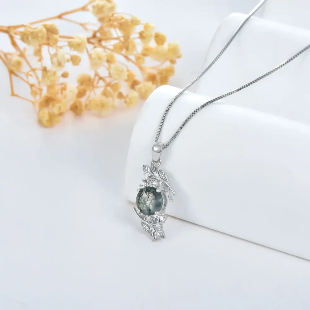 Sterling zilveren mos Agaat bladeren hanger ketting-3