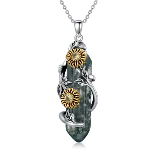 Sterling Silver Moss Agate Leaves & Sunflower Pendant Necklace-15