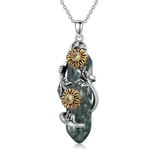 Sterling Silver Moss Agate Leaves & Sunflower Pendant Necklace