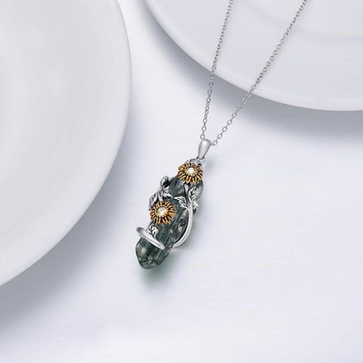 Sterling Silver Moss Agate Leaves & Sunflower Pendant Necklace-3