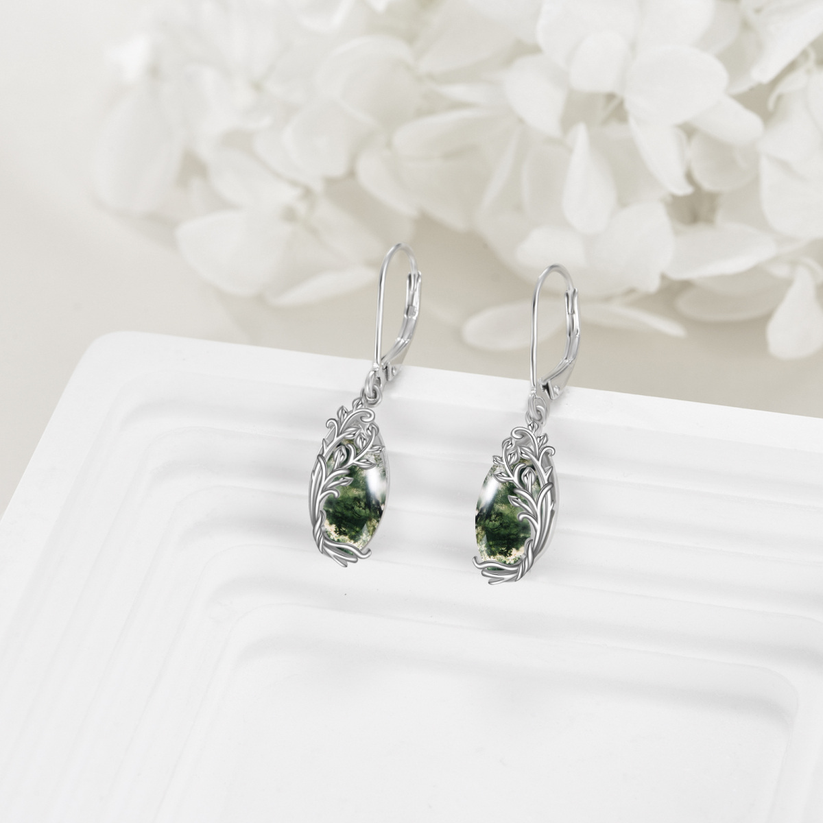 Sterling Silver Moss Agate Lever-back Earrings-4