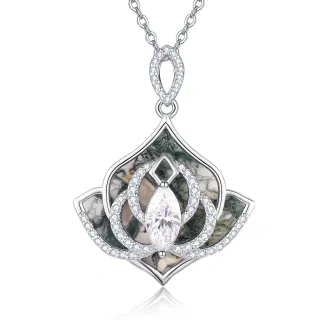 Sterling Silver Moss Agate Lotus Pendant Necklace-14