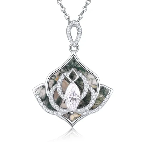 Sterling Silver Moss Agate Lotus Pendant Necklace