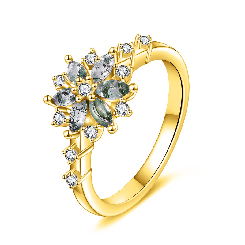 Anillo de loto con moissanita y ágata musgosa de corte marquesa en oro de 14 quilates-1