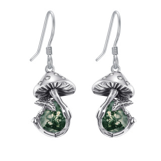 Sterling Silver Moss Agate Mushroom Drop Earrings-3