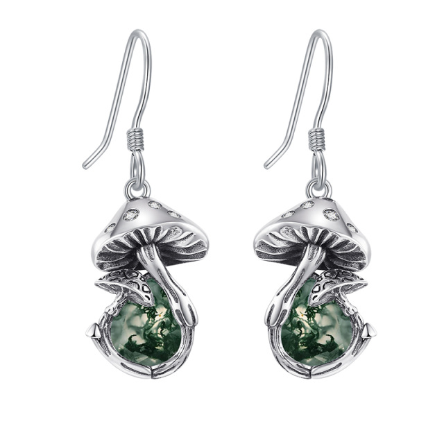 Sterling Silver Moss Agate Mushroom Drop Earrings-1