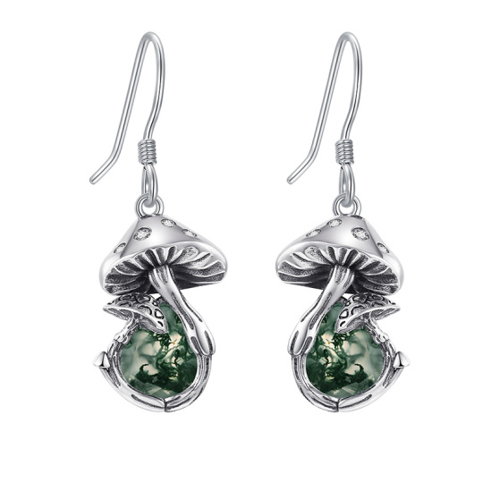 Sterling Silver Moss Agate Mushroom Drop Earrings