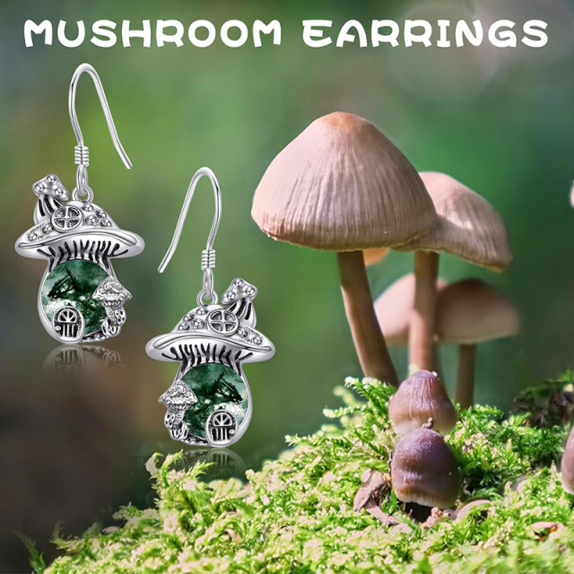 Sterling Silver Moss Agate Mushroom Drop Earrings-5